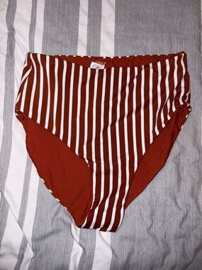 Reversible Coral Reef High-Waist Striped Bikini Bottom — Rust & White